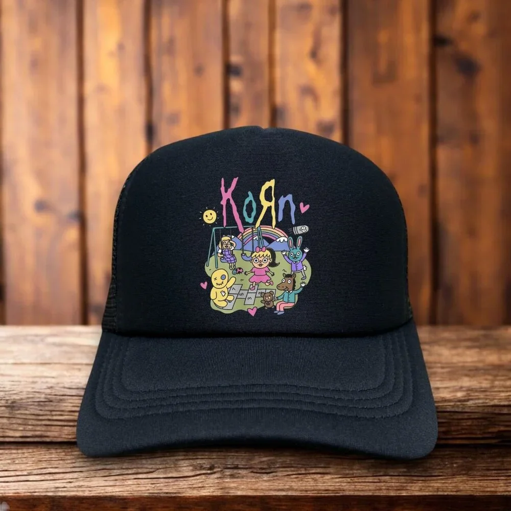 Korn Mens Trucker Hat Black 90s Nu Metal Cartoon Logo Hip Hop Grunge Funk Cap